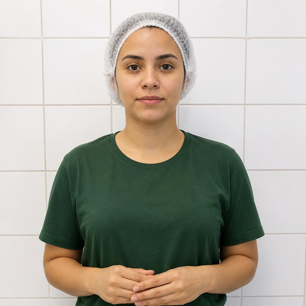 Colaboradora com uniforme verde limpo, touca cobrindo todo o cabelo, sem adornos